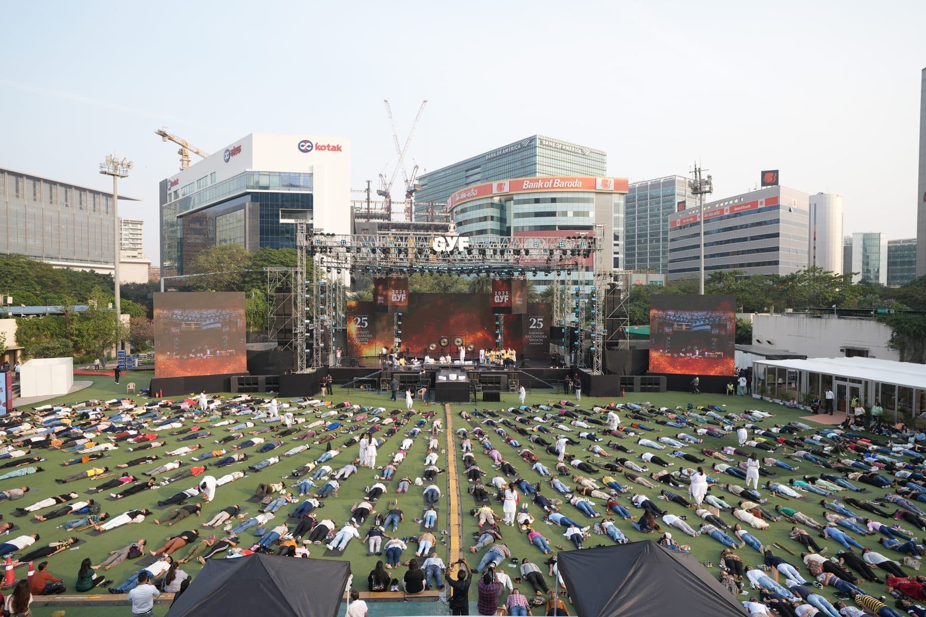 Morning yoga on the festival lawn